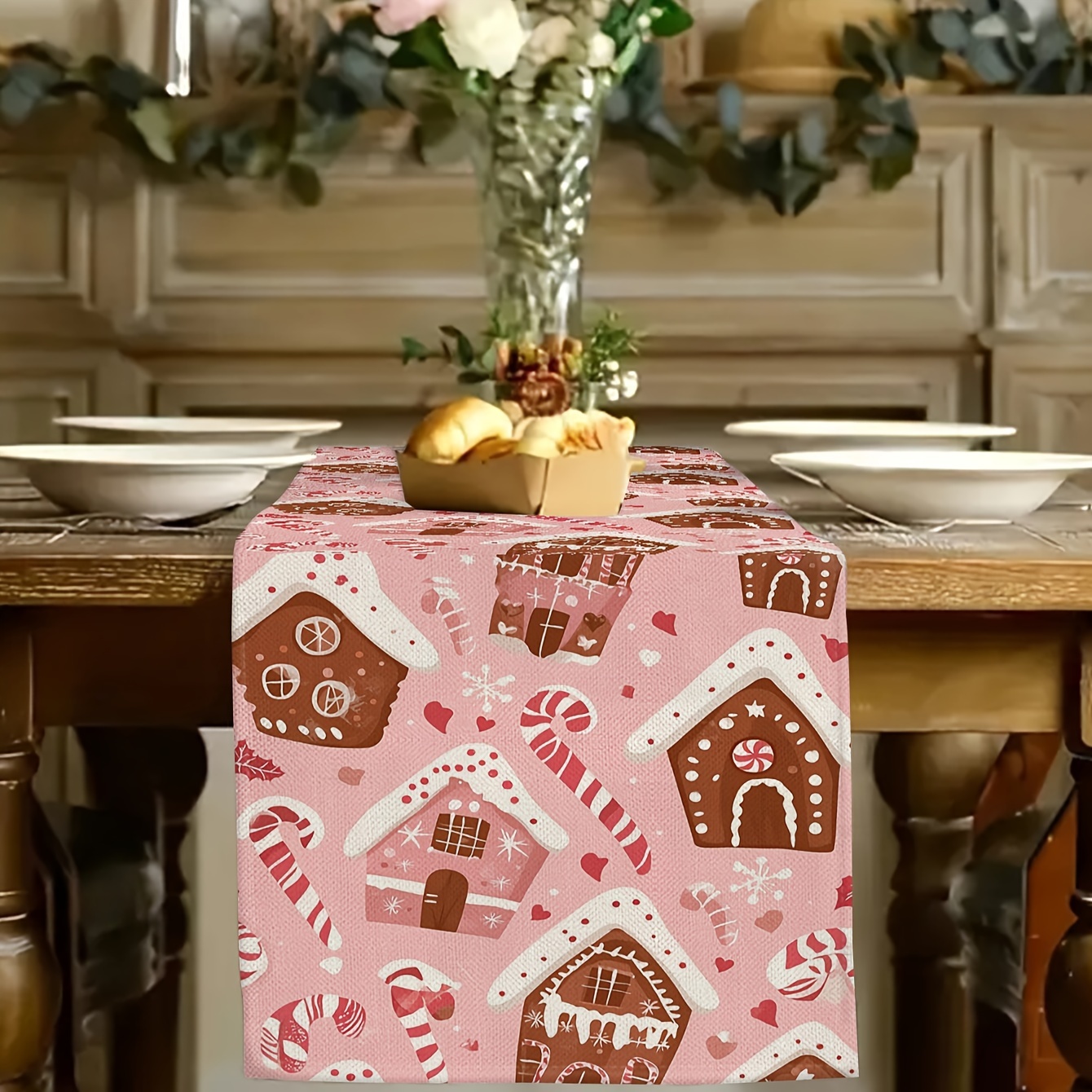 

1pc Christmas House Linen Table Runner - Holiday Parties & New Year Decor, Kitchen And Dining Table Decoration