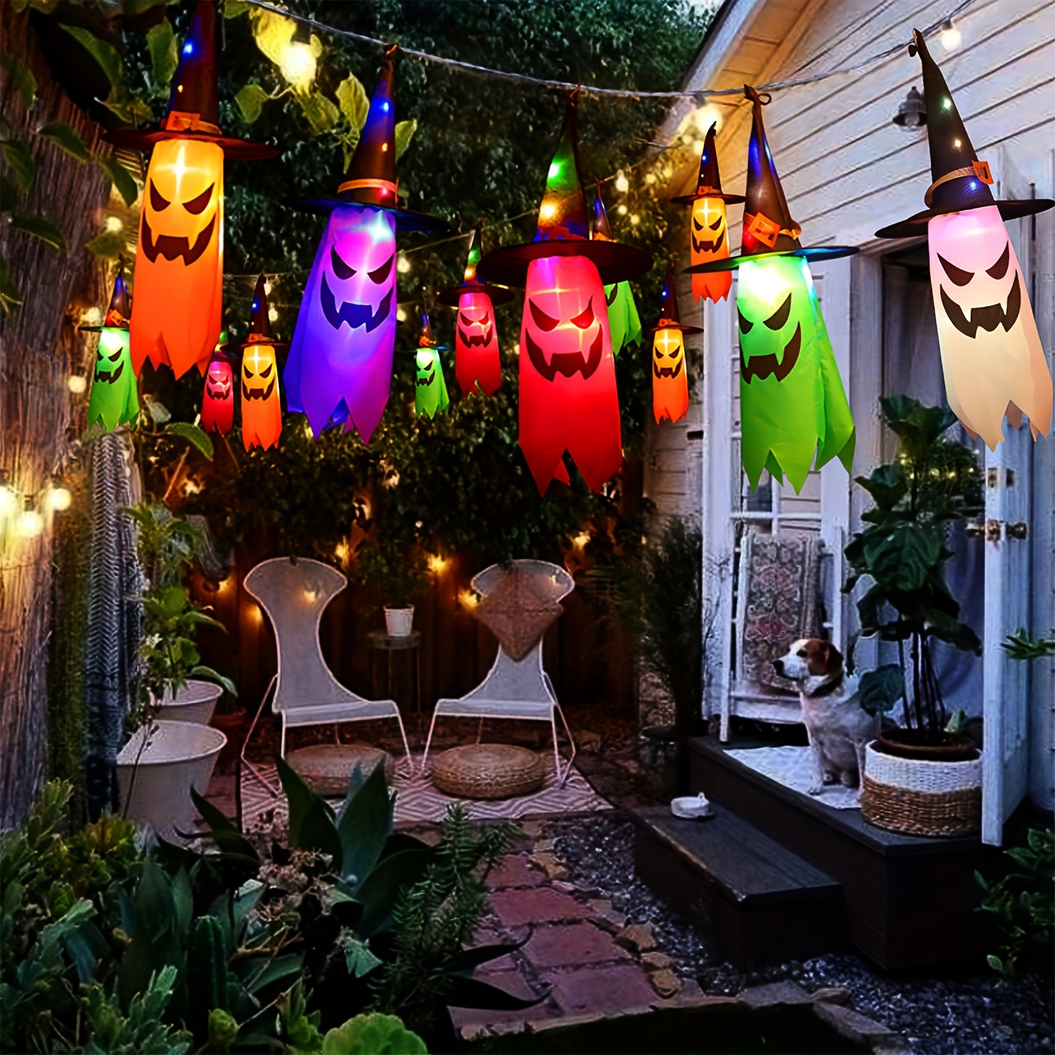 Set De 12 Chapeaux De Sorcière Flottants Halloween - Avec Corde Nylon 50m Et Chauves-souris - Décoration Maison Hantée, Jardin, Porche - 6