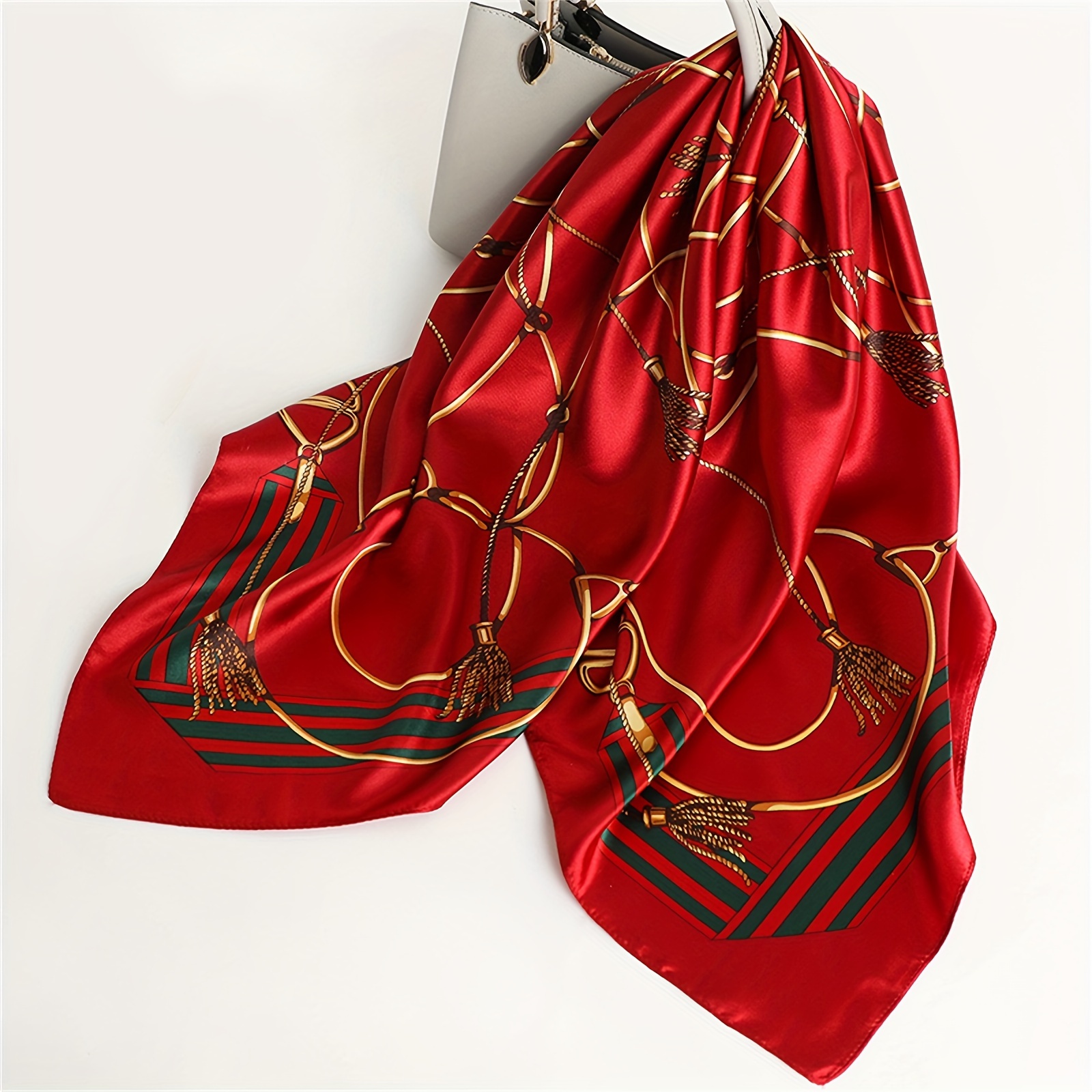 

Écharpe Carrée Rouge Élégante avec Imprimé Pompon Doré – Bandana en Polyester de 35.4" pour Femmes, Foulard Polyvalent & Châle pour Sorties , Protection Solaire et Style, Foulard pour Cheveux