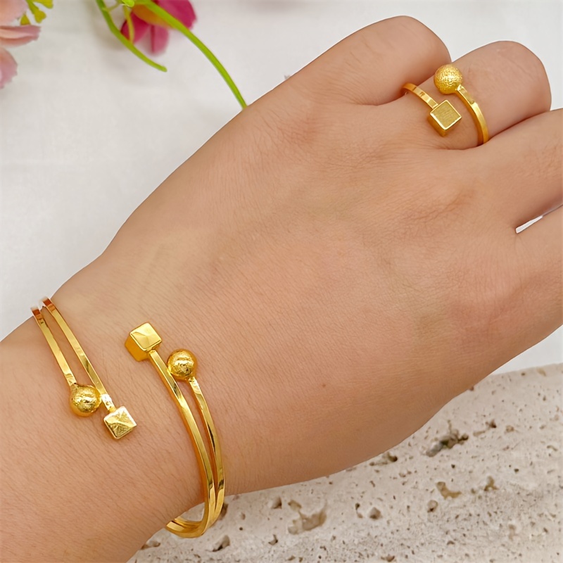 

Elegant Golden-plated Brass Jewelry Set For Women - Vintage Luxury Style With Open Cuff Bangle & Ring, Perfect For Weddings & Parties Jewelry For Women Jewelry Sets For Women