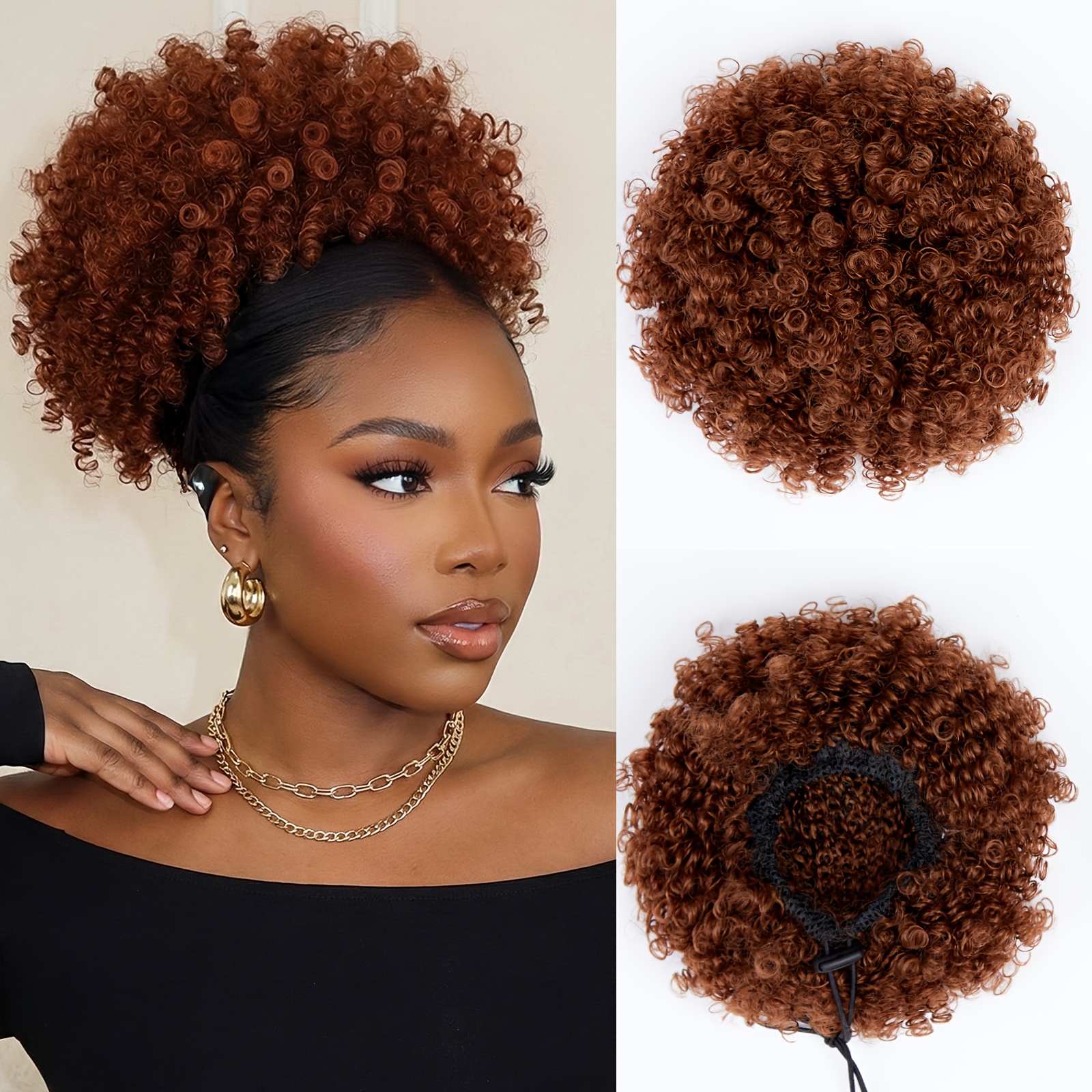 TEMU Rallonge pour à cheveux crépus bouclés marron foncé - perruque à cordon de serrage, mèche synthétique volumineuse pour coiffures relevées