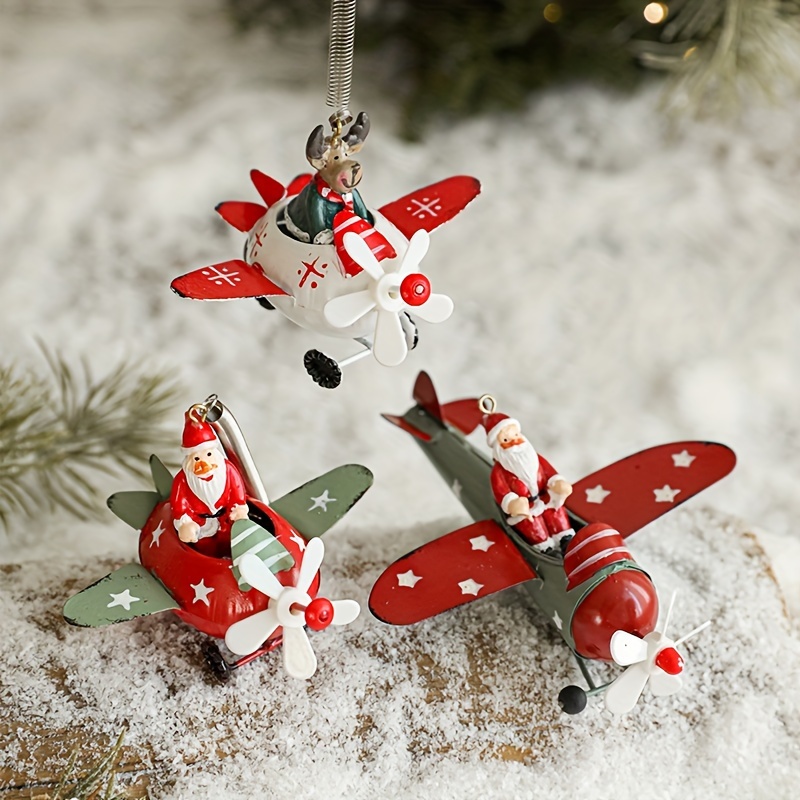 

Classic Santa And Reindeer Airplane Pendant Ornaments - Metal Christmas Tree Hanging Decorations, Holiday Theme, No Electricity Needed, Ideal For Christmas Decoration