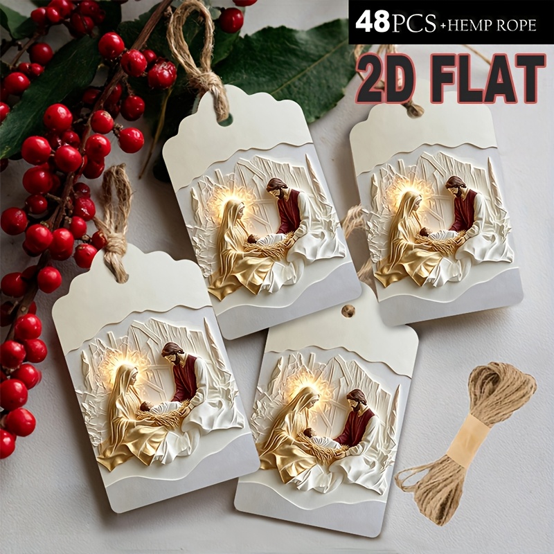 TEMU 48pcs Set, 2d Flat Christmas Gift Tags With Strings - Nativity Scene Gift Labels, Holy Family Pattern Gift Decorative Hang Tags, 2d Flat Printed