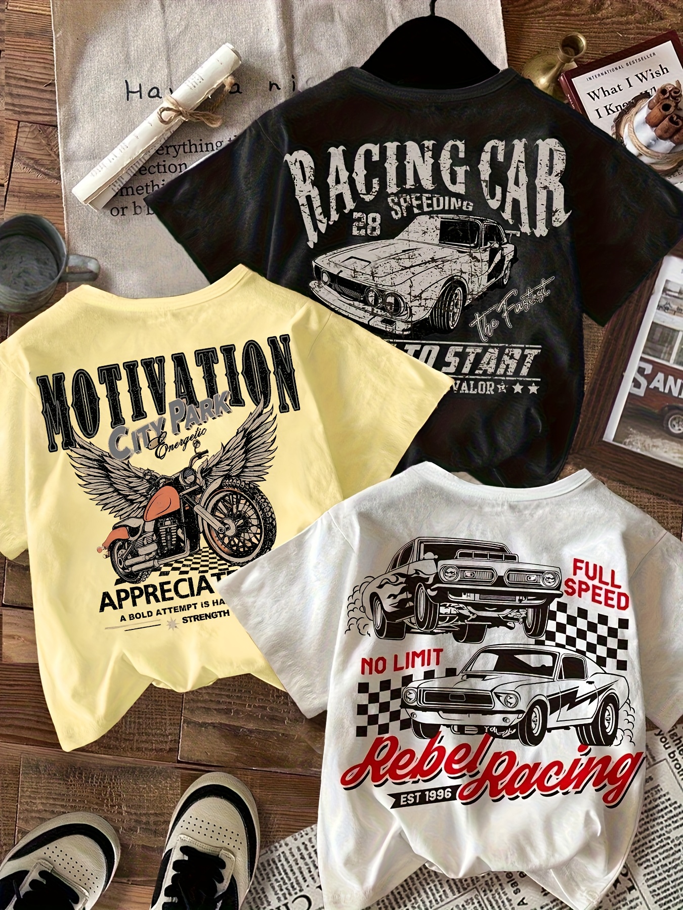 3 peças de camisetas gráficas de motocicleta e motociclista para   - tecido   e elástico,    , decote  ,  / / , designs de corrida modernos com impressão   racing, perfeito para o verão, roupa casual para   com um visual   e tecido elástico