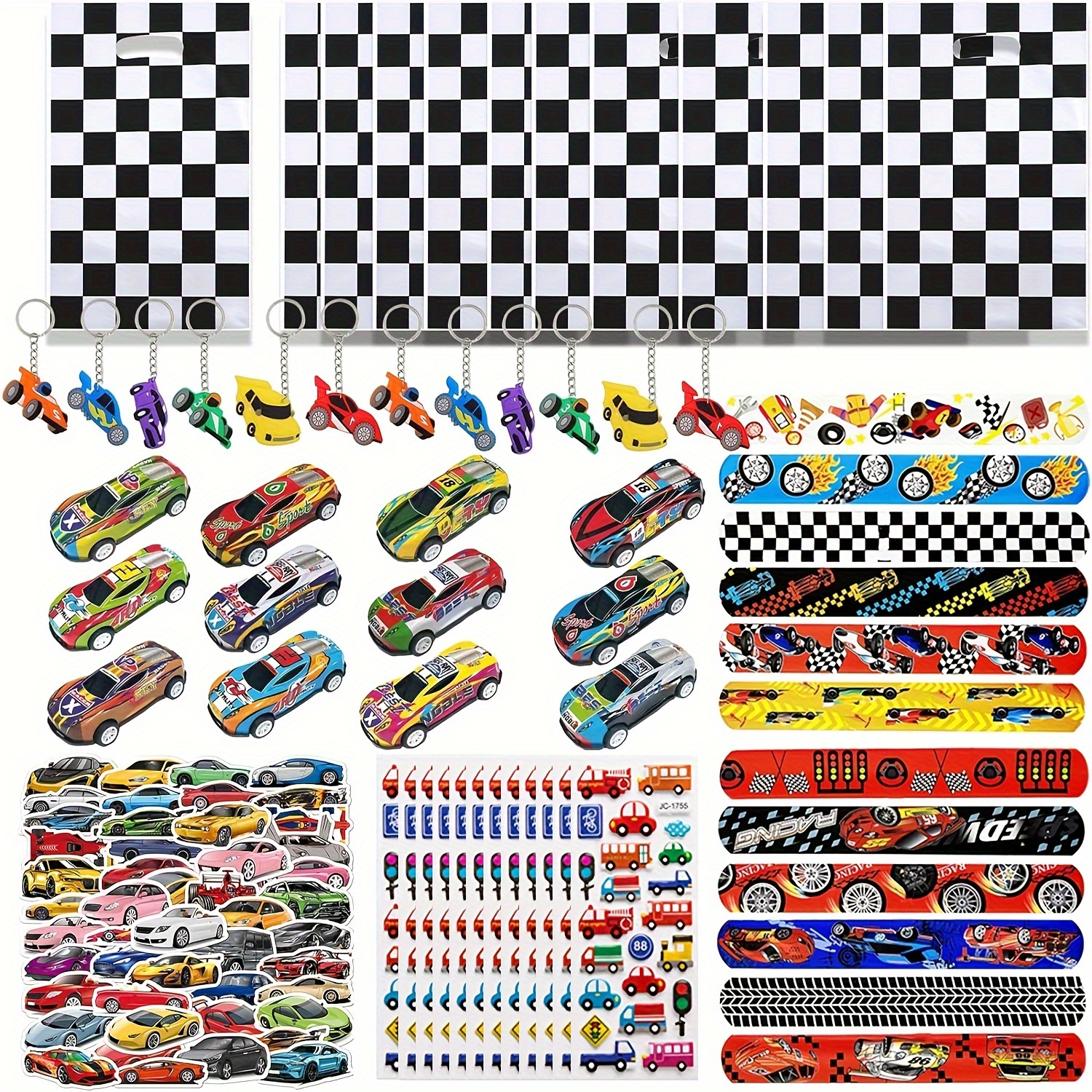 

110-piece Race Car Party Favor Set With Goodie Bags, Keychains, Slap Bracelets & Diy Stickers - Perfect For Birthday Parties & Games