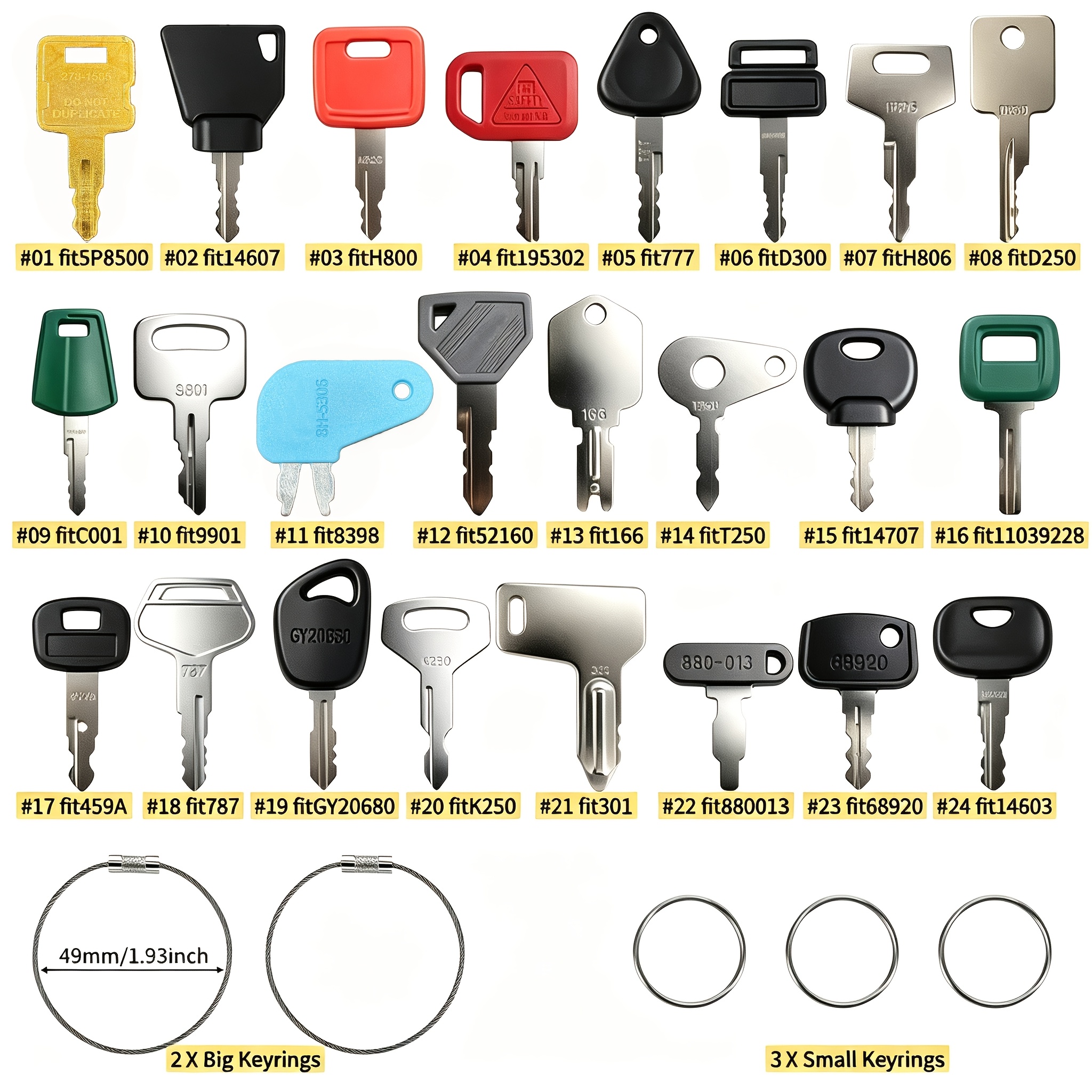 TEMU 29pcs Full Set Non-repeating Equipment Key Set, Plastic + Metal Material, Construction Machinery Set, Includes 24 Keys, 2 Metal Rings + 3 Key