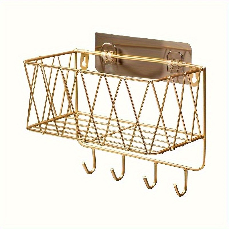 TEMU Bathroom Storage Rack For Cosmetics And Skincare Products, No Drilling Required, Wall-mounted With Hooks, , Shelves