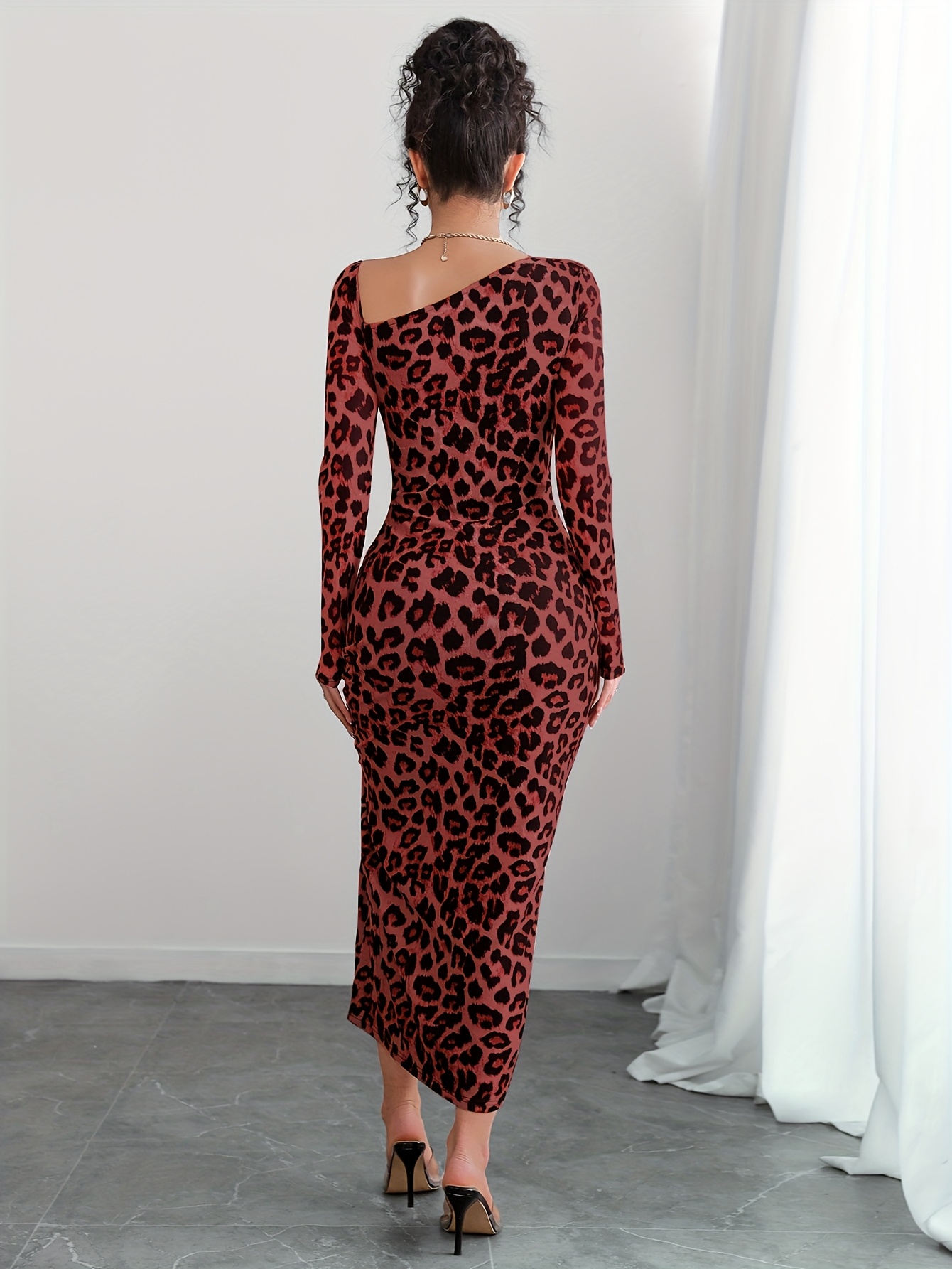 elegant leopard print bodycon dress women polyester knit - Temu
