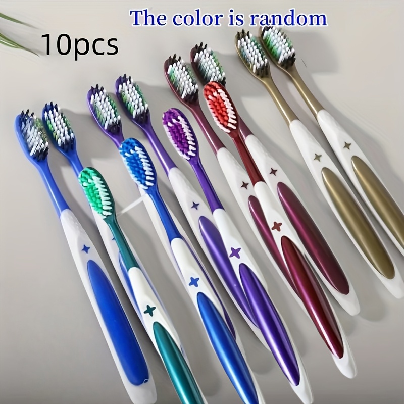 Image of 10 Adult Toothbrushes With Colored Hard Bristles, Large Brush Head, High-density Bristles For Removing Smoke Stains, Individually Packaged, For Clean And