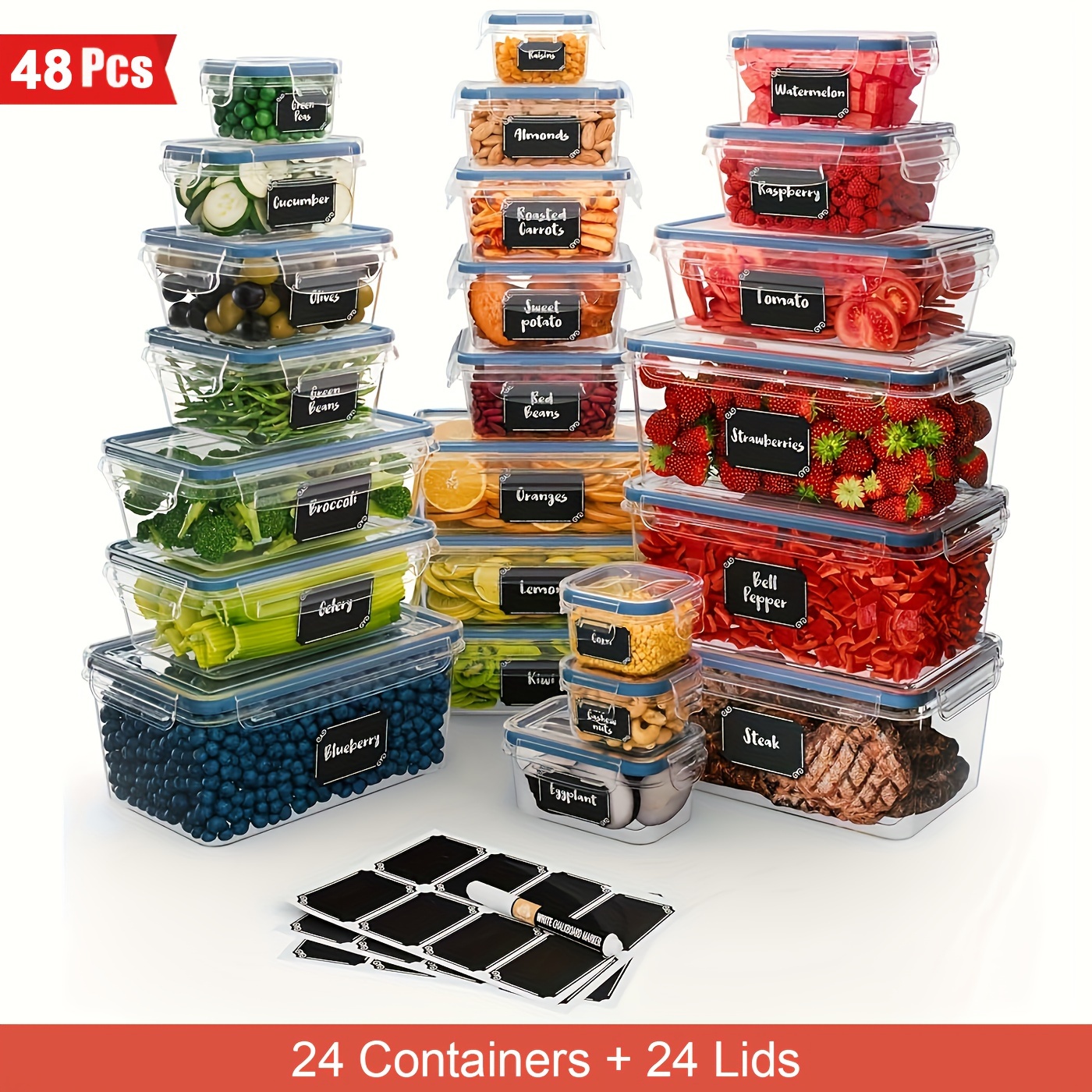 

48/25 Pieces Bpa Free Plastic Food Storage Container Set With Lids For Kitchen Organization, 48pcs Includes 24 Containers&24 Lids, 25pcs Includes 17 Containers&8 Seasoning Boxes, Pantry And Food Prep