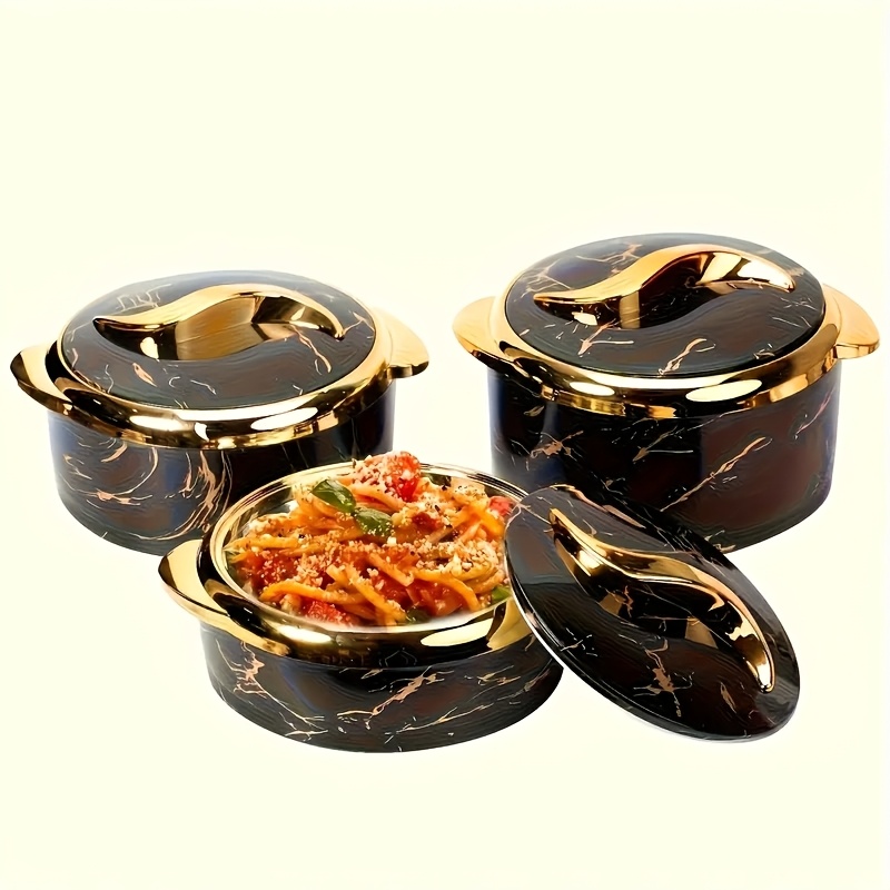 TEMU Set de 3 casseroles isothermes, set de casseroles en acier inoxydable résistant à la chaleur avec couvercle et finition dorée, plat chaud pour