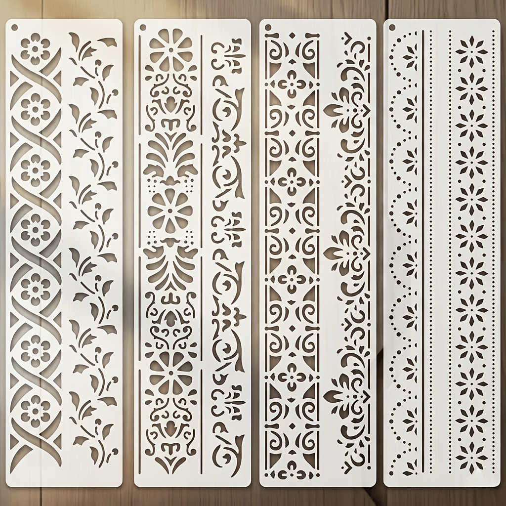 TEMU Floral Border Stencils, 4pcs Reusable Painting Templates For Scrapbooking, Journal, Card Making, Home Decor