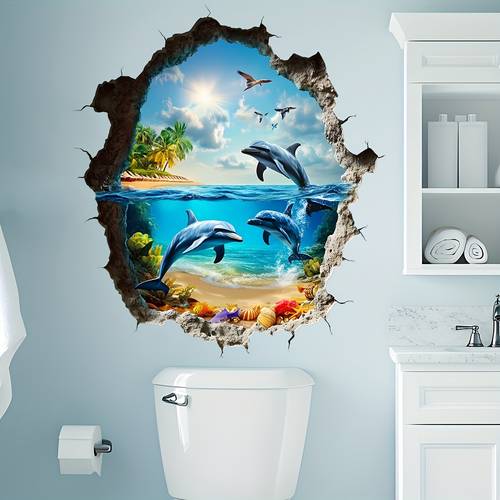 3d sprucken väggklistermärke, blå delfinmönsterklistermärke, väggdekal, enkel att skala och klämma, heminredning