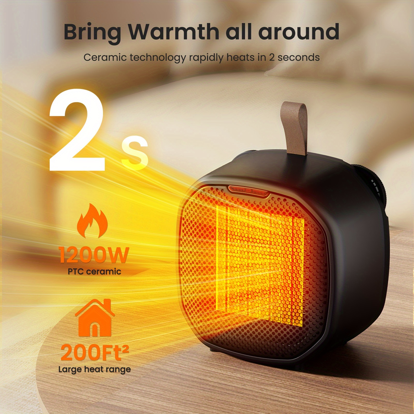 TEMU Space Heater, Portable Electric Heaters For Indoor Use With Thermostat, 1200w Ptc Ceramic Fast Safety Heat For Office Bedroom Home, Christmas,