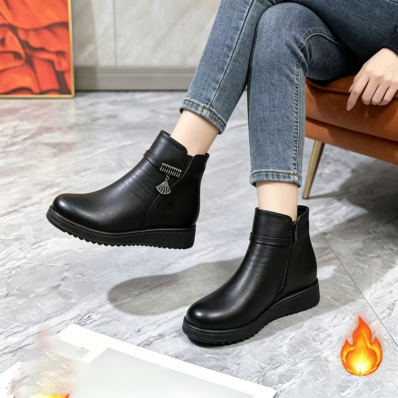 Image of Women's Winter Side-zip Comfortable Thick Pu Sole Warm Lined Round Toe Casual Shoes, Ankle Boots With Thick Sole, Mom Shoes, Women Shoes