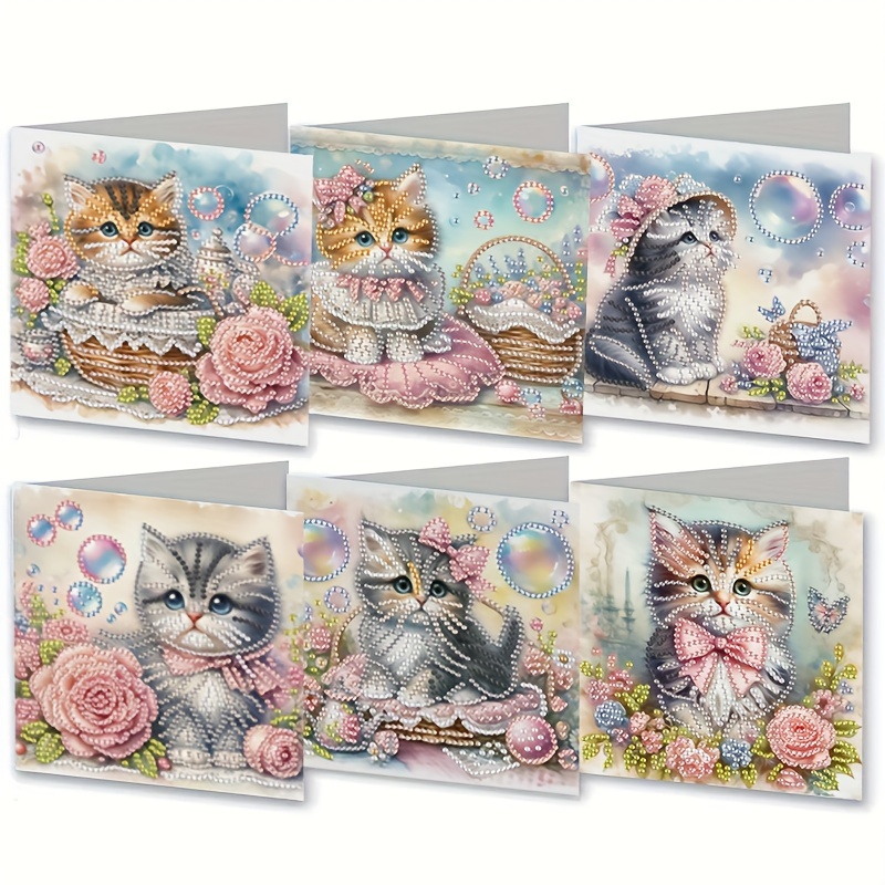 

6pcs Holiday Diamond Painting Greeting Card Set - Flower Cat Pattern, Express Your Wishes To Your Loved Ones, Unique Handmade Gift Set Diamond Painting Set Holiday Diamond Painting Set