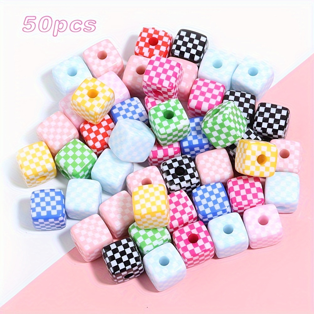 

50pcs Mixed Color Acrylic Three-dimensional Color Checkerboard Square Bead Straight Hole Bead, Diy Handmade Bracelet Necklace Decorative Bead Accessories Production Supplies