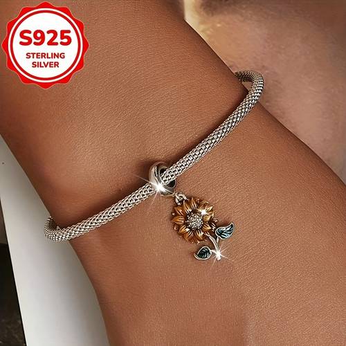 1pc S925 Silver Sunflower Beaded Pendant, Style Sunflower Bracelet Necklace Beaded Additions, Hypoallergenic, Suitable for Daily Life, Parties And Vacations, Suitable As a Jewelry Gift for Ladies