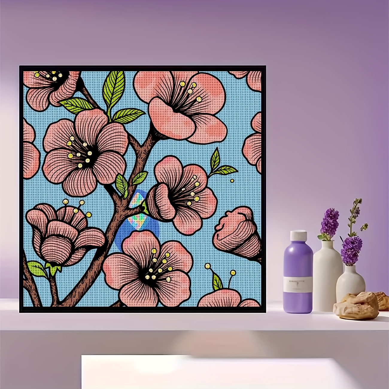 Complete DIY Cross Stitch Kit, Blue Pink Branches and Leaves Pattern