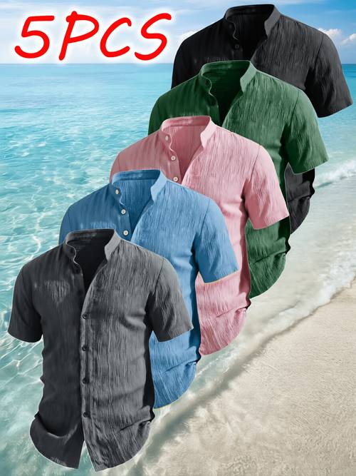 Artikelbild 5er-pack henley shirt set - sommer herren kurzarm freizeitshirts mit stehkragen, leicht und atmungsaktiv, keine pflege erforderlich, ideal für strandurlaube, freizeitkleidung, poolpartys und tägliche freizeit, geschenk für strandbekleidung