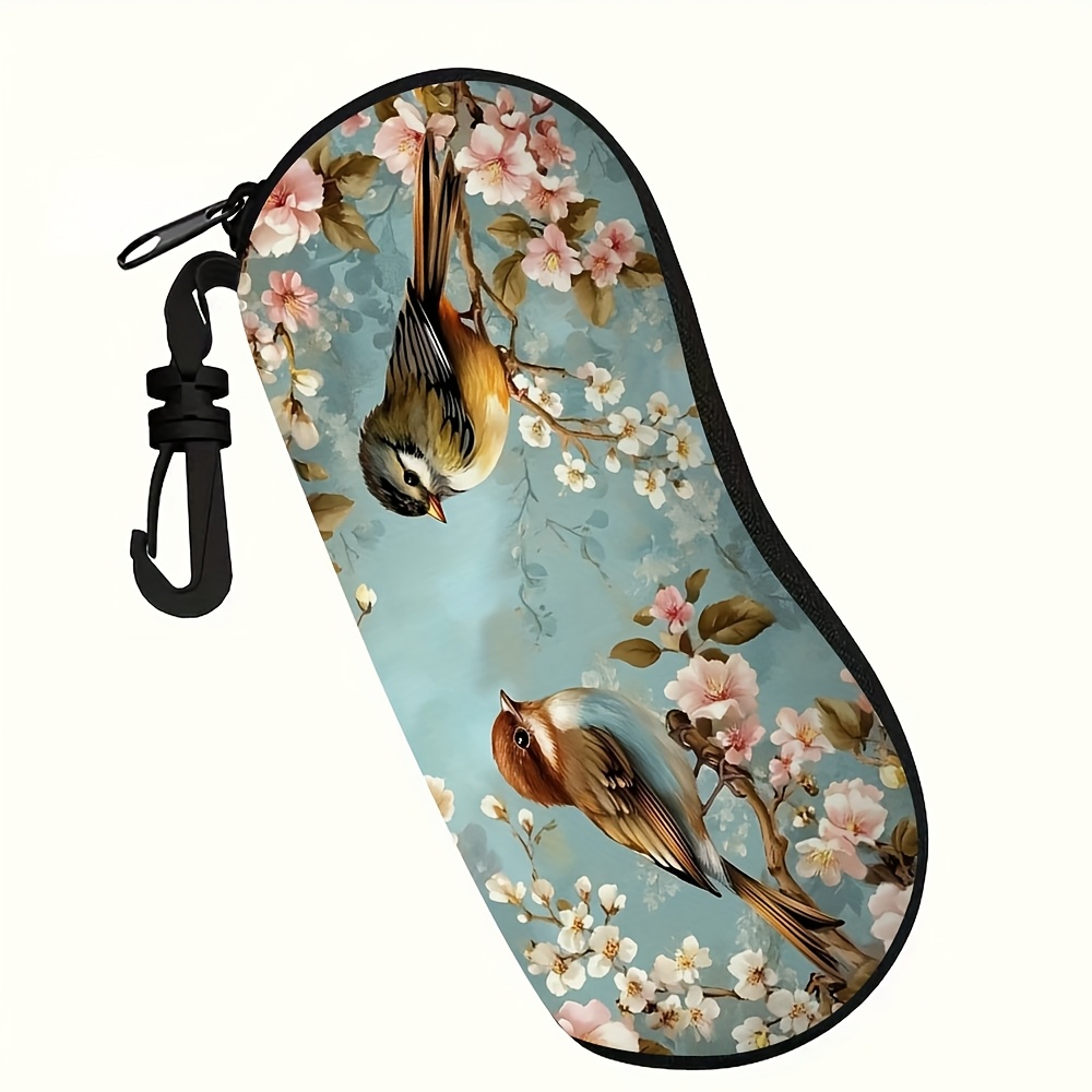 TEMU Étui à lunettes 1 pièce avec impression de peinture chant de printemps fleurs et oiseaux, avec porte-clés, ultra-légère et portable, convient