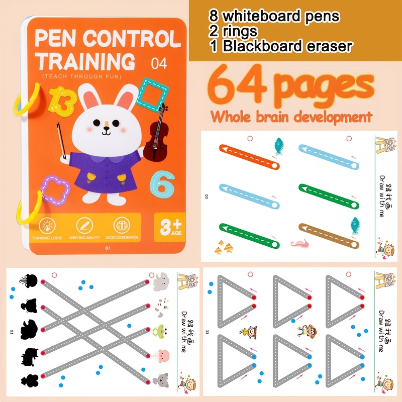 Image of 64-page Erasable Alphabet & Number Workbook With 8 Pens – Reusable Writing Practice Book For , Enhances Pen Control, Drawing Skills & Cognitive Development, Perfect Back-to-school Or Christmas Gift