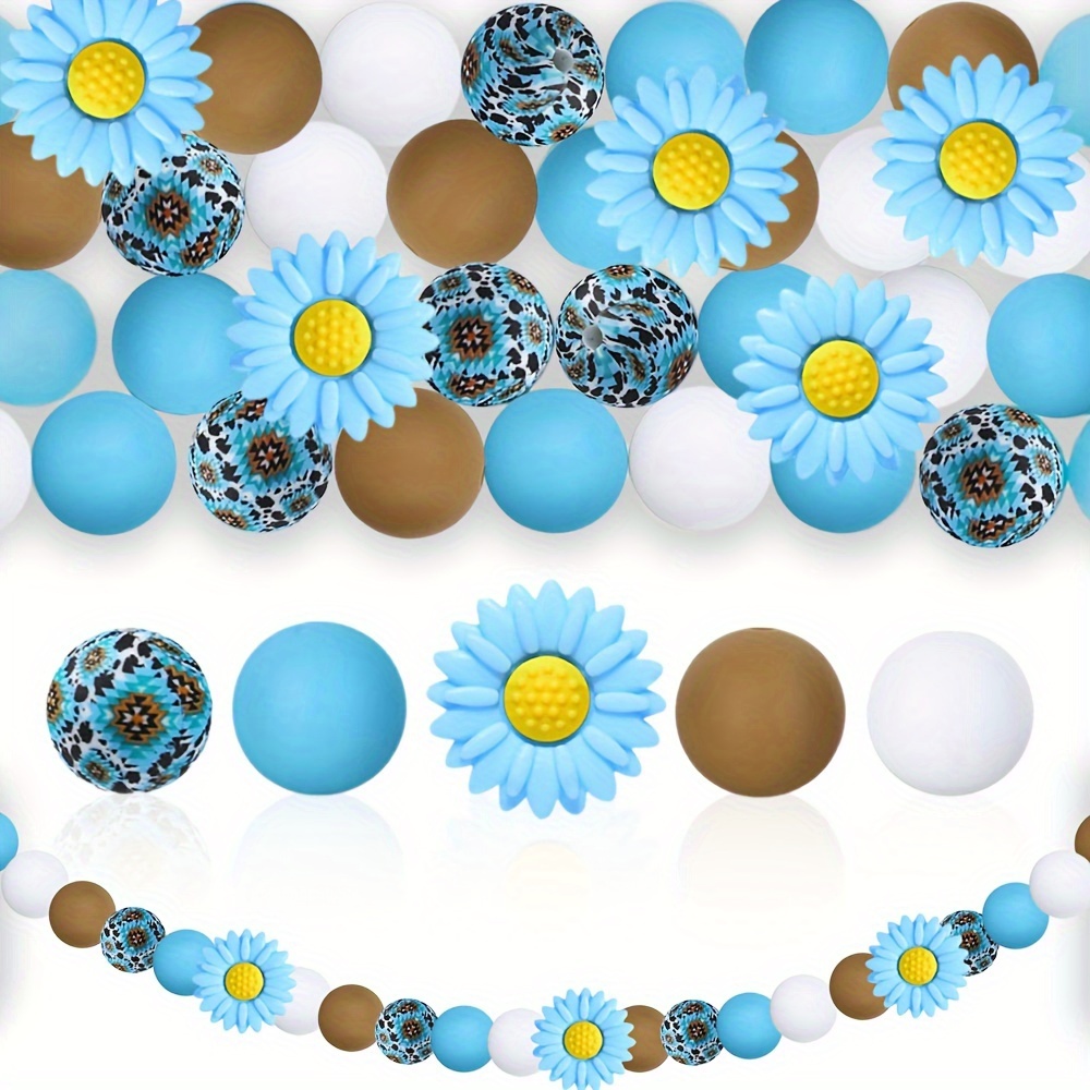 

25pcs Silicone Beads Mix With Daisy Flower Shapes And Leopard For Diy Keychains, Bracelets, Necklaces - Craft Making Kit