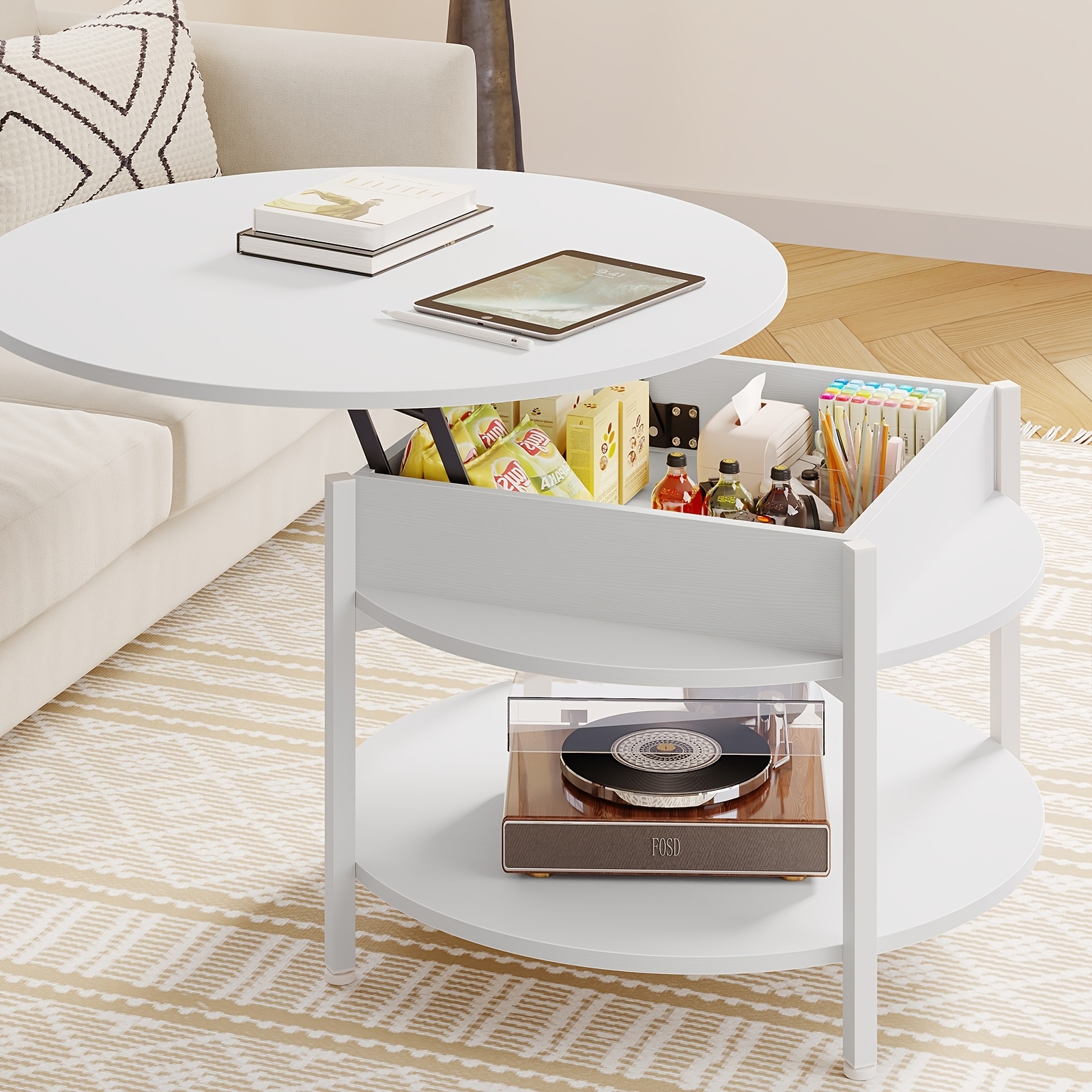Round Coffee Table With Lifting Top, Height-adjustable Coffee Table, Side Table, Living Room Table With Hidden Storage Space, Open Compartment, Metal Frame, For Living Room, Office, 70 X 70 X 50 Cm