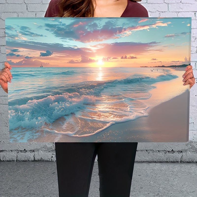 

1pc Wooden Framed Canvas Painting Sunrise And Beach Wall Art Prints For Home Decoration, Living Room & Bedroom, Festival Party Decor, Gifts, Ready To Hang