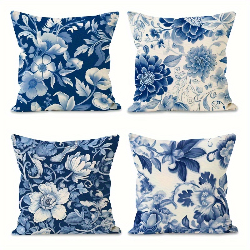 

4pcs/set Blue Flower Painting Throw Pillow Covers Pillow Cases Decorative For Home Bedroom Sofa Pillowcases Standard Size 18inxhx18inch No Pillow Insert