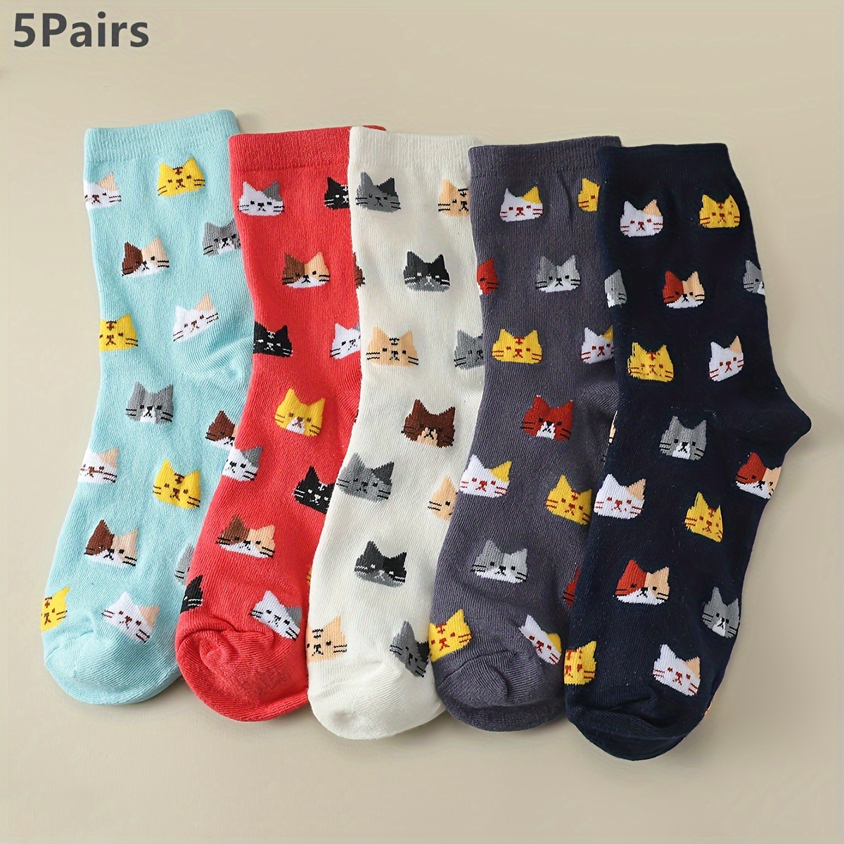 

5 Pairs Cartoon Cat Socks, Cute & Stylish Mid Tube Socks, Women's Stockings & Hosiery
