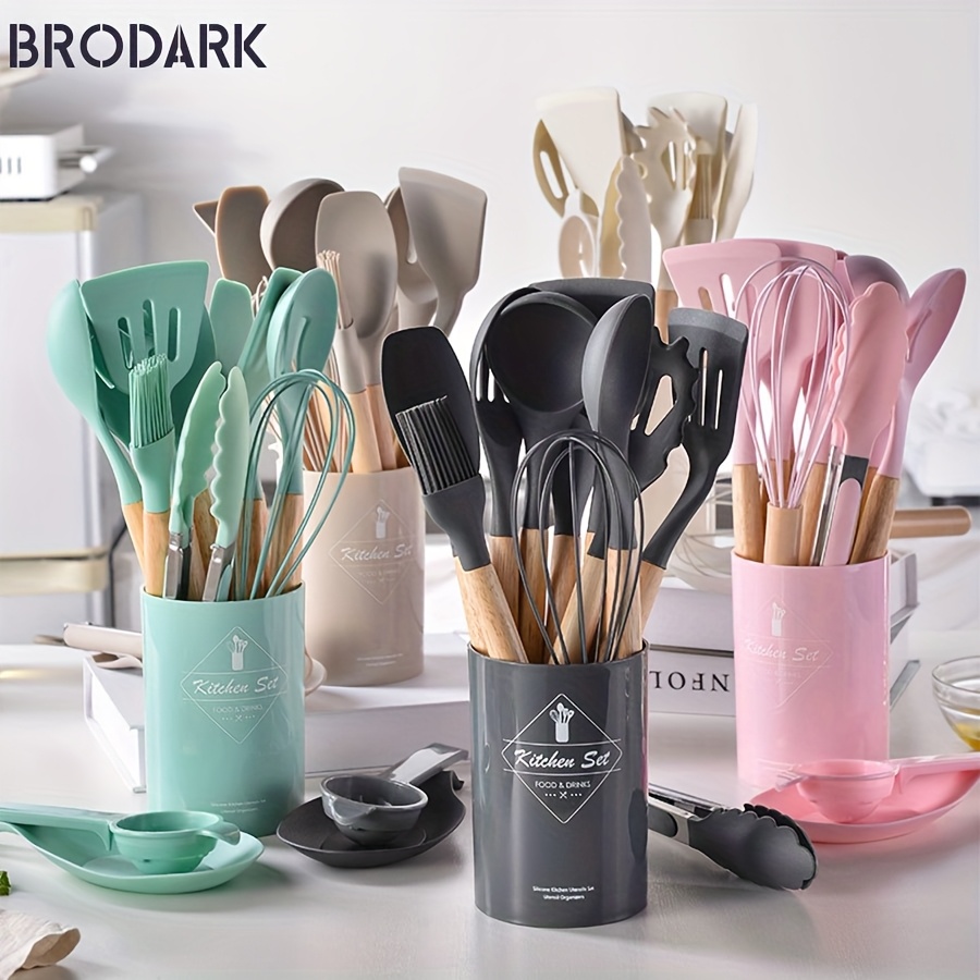 

12pcs Wooden Handle Silicone Kitchenware Set, 5 Colors, Kitchen Baking Cooking Tools Set High Temperature Resistant Kitchenware, Kitchen Gadgets Baking Supplies