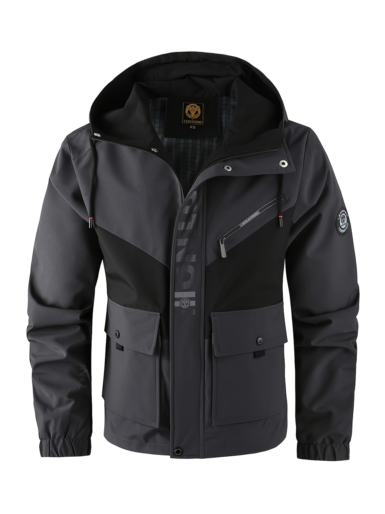 Chaqueta ligera para hombre con capucha desmontable - Elegante chaqueta casual negra para exteriores, cierre de cremallera, manga larga, forro de poliéster, varios bolsillos, moda de primavera, chaqueta