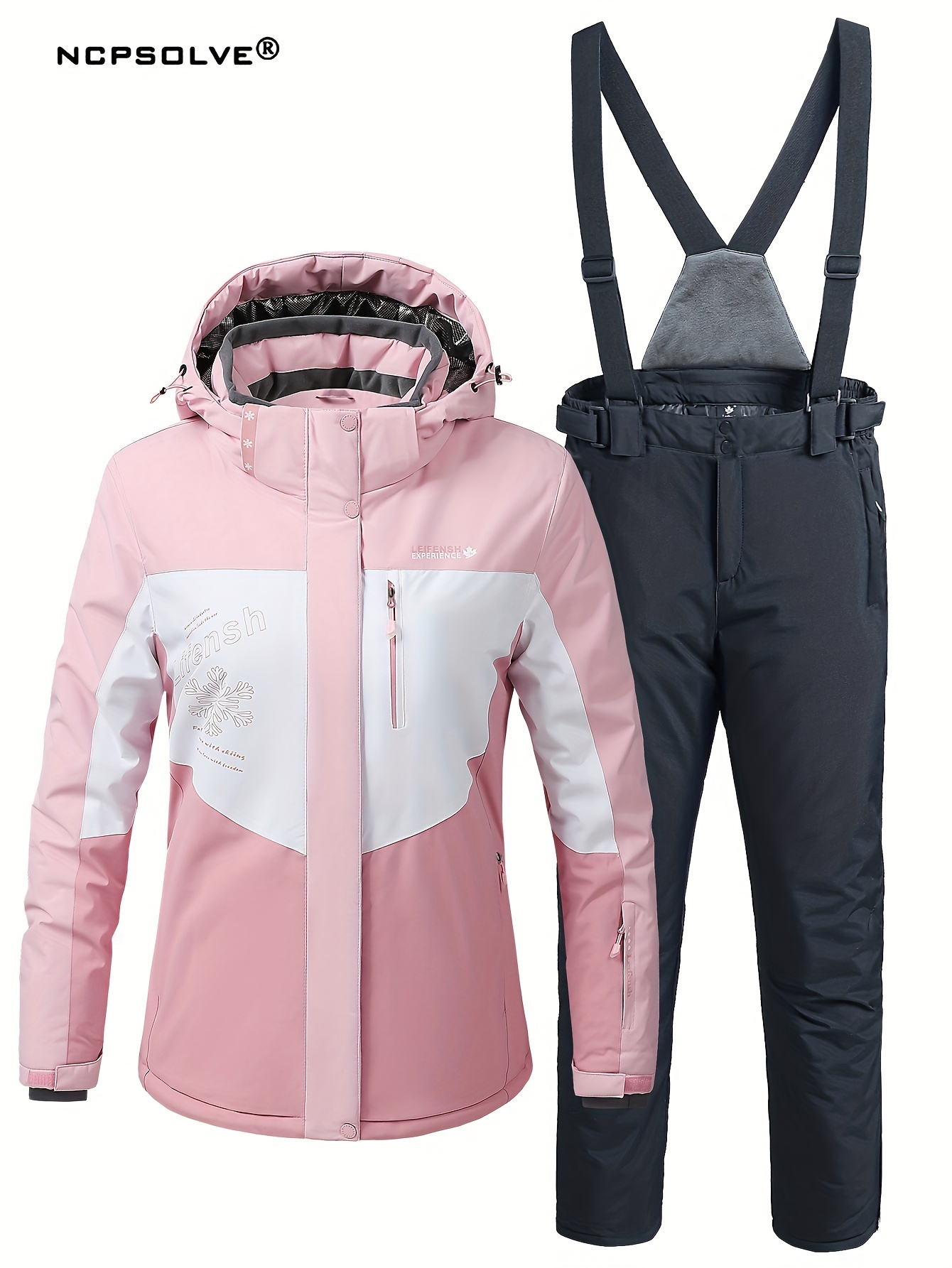 1 Set Women'S Skiing Outfit - Pink & White Hooded Jacket, Black Ski Pants with Floral Design, Goggles & Boots, Winter Sports Gear for Snowboarding, Skiing, Casual Outdoor Activities, Skiing Accessories, Snowboarder'S Attire, Stylish Skiwear, Durable Skiwear