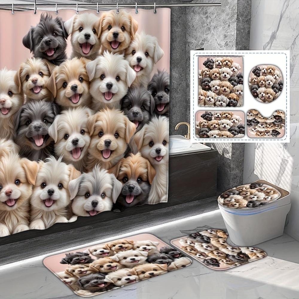 

1/4pcs Adorable Puppy Pattern Shower Curtain Set, Waterproof Shower Curtain With Hooks, Non-slip Bath Rug, U-shape Mat, Toilet Lid Pad, Bathroom Accessories