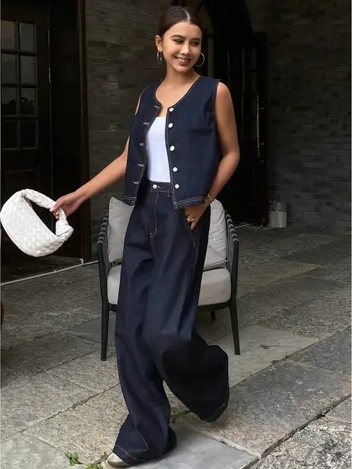 Vrouwen Vest Vrouwen Pak Vrouwen Wijde Pijpen Broek met Mouwloos Vest Effen Kleur Hoge Taille Elegante Lady Baggy Broek Set Casual Streetwear, Blauw, M Vrouwen Vest Vrouwen Pak Vrouwen Wijde Pijpen Broek met Mouwloos Vest Effen Kleur Hoge Taille Elegante Lady Baggy Broek Set Casual Streetwear, Blauw, M