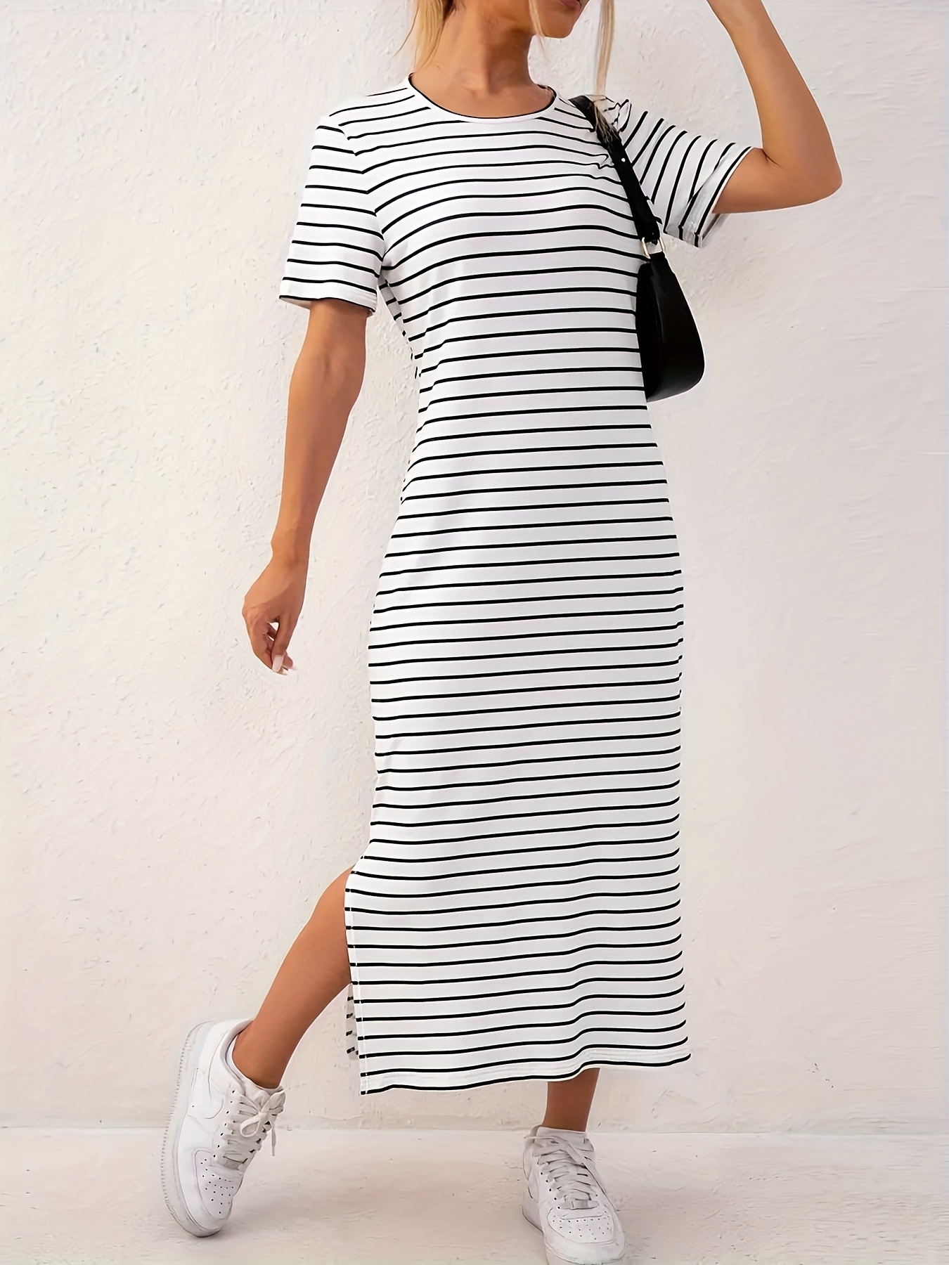 womens casual striped round neck midi dress side fitted Temu