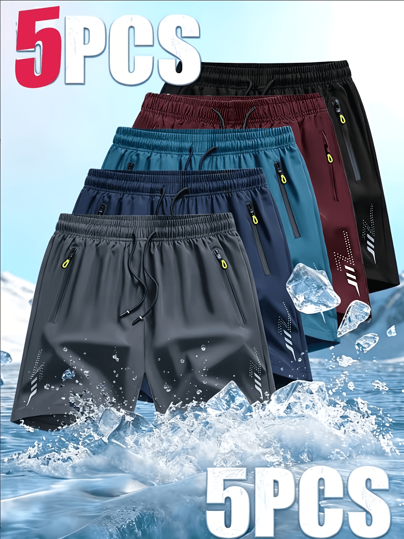 item picture 5pcs mens fashionable trendy sports shorts with side zipper pockets drawstring waist and multiple color combinations