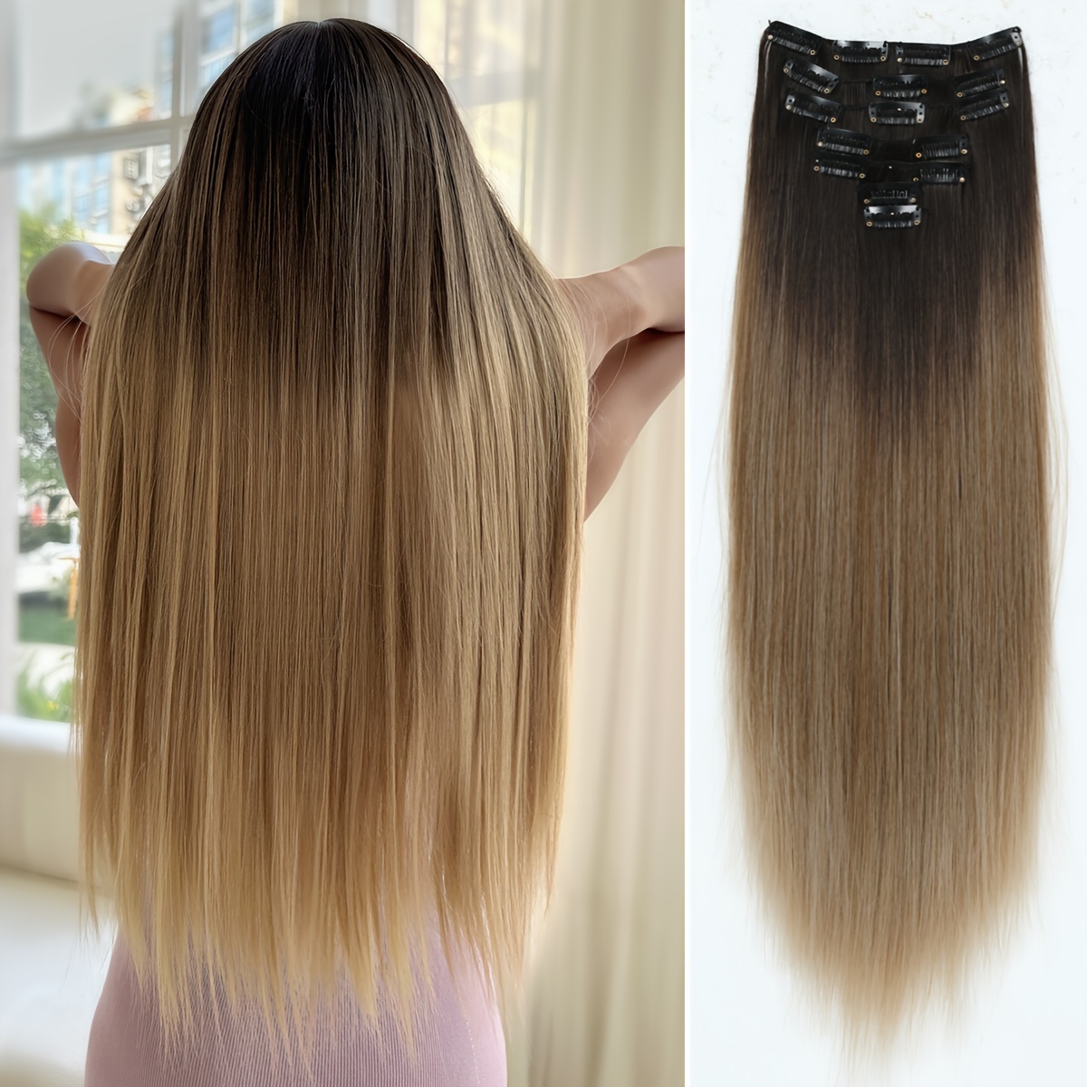   22 inch long wavy clip in synthetic hair extensions gradient blonde to brown versatile natural looking for all genders and   details 3