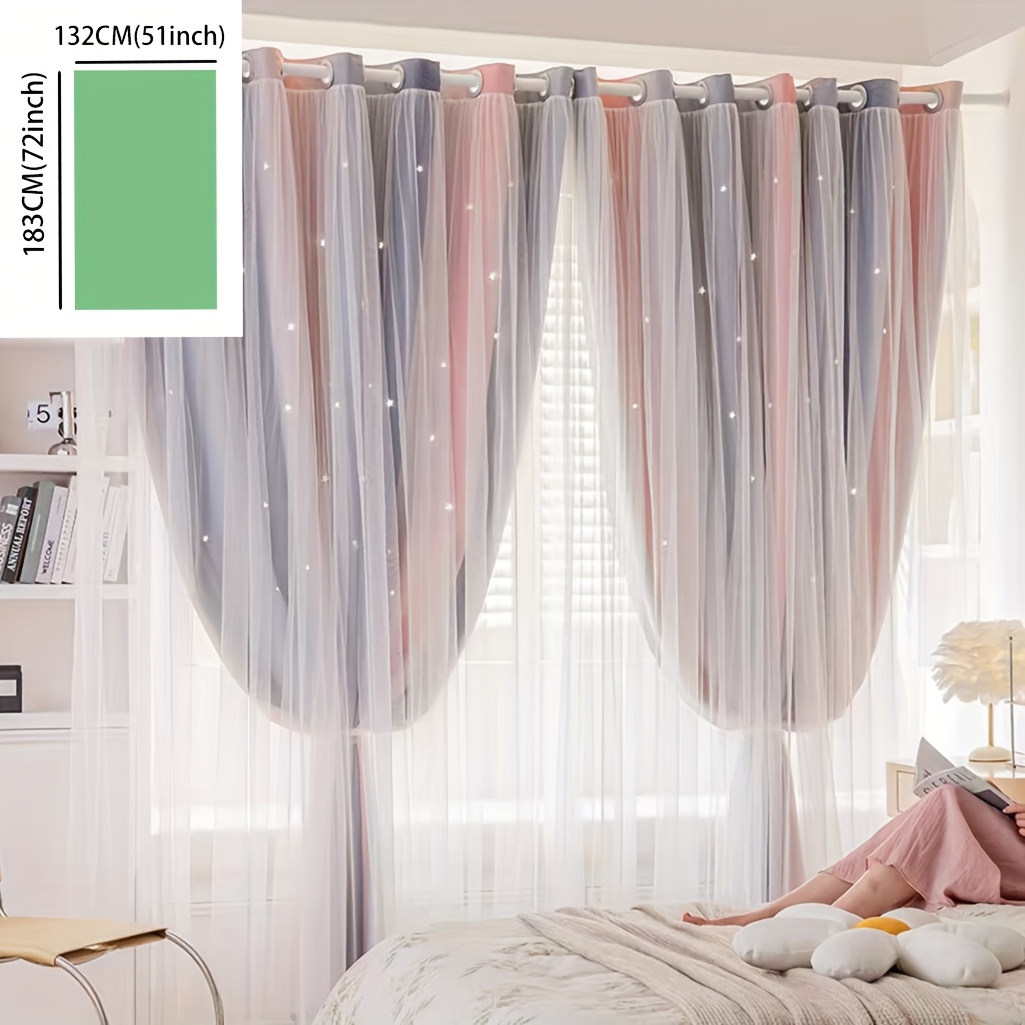 TEMU 1pc -blocking Curtain For Bedroom Bay Window Or Living Room, Double-layer Gradient, Hollowed-out , Fresh Curtain