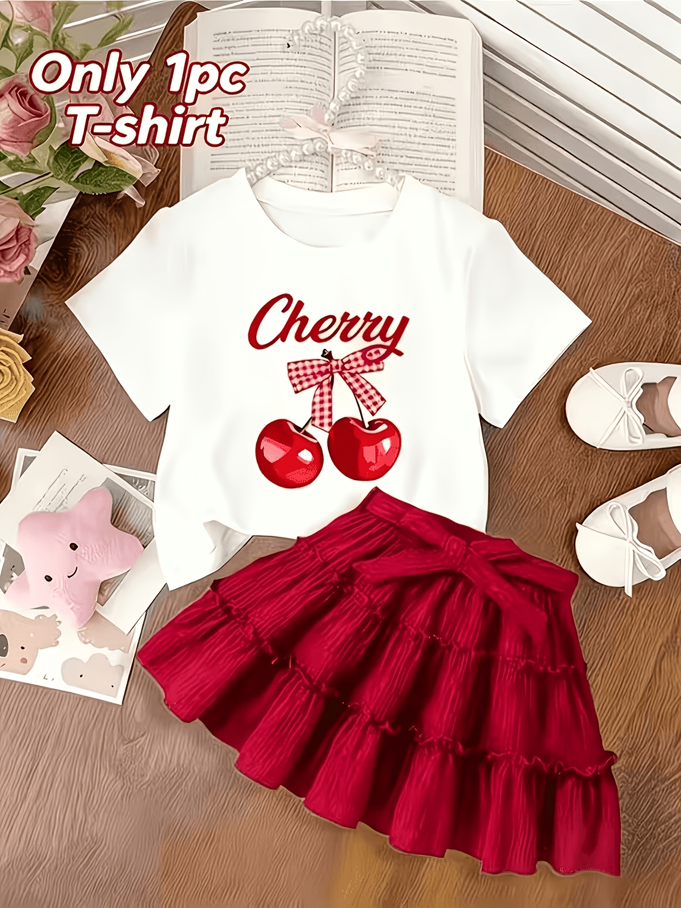 Girls' Short Sleeve T-Shirt with Red Cherry Print Pattern