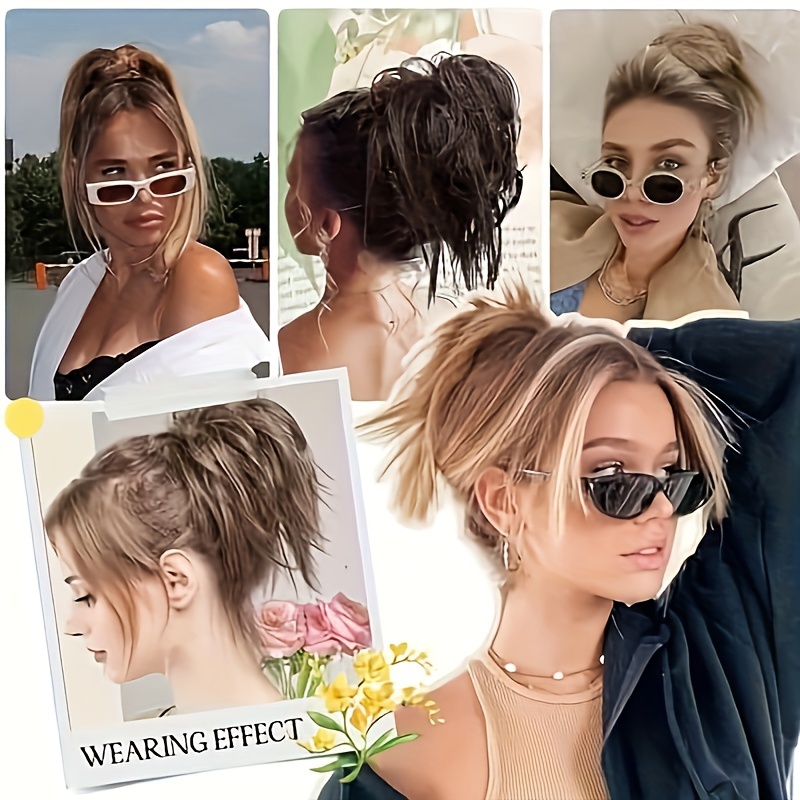elegant messy bun hair clip for women 8 synthetic straight ponytail extension     with hairpin comb versatile heat resistant details 4