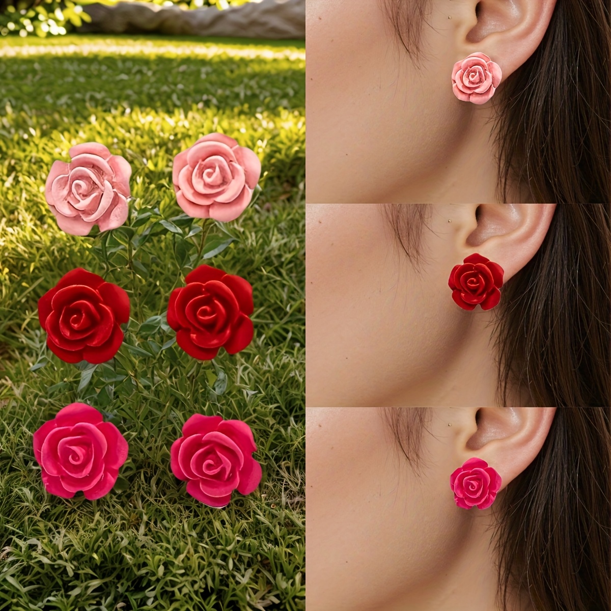 Image of Three-pair Women's Fashion Stud Earrings Set - Red/rose Red/pink Gradient Floral Stud Earrings, Cute And Vibrant Simple Pastoral Style, Perfect For Daily Wear And Vacation Outfits