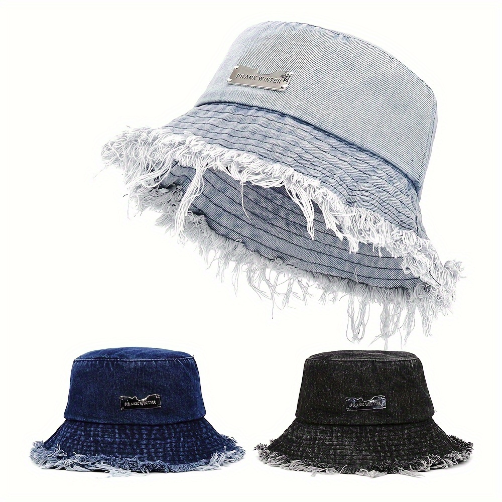 

Sun Protection Polyester Bucket Hat With Frayed Edge Design, Hand Washable Woven Denim Style Cap For Spring And Summer