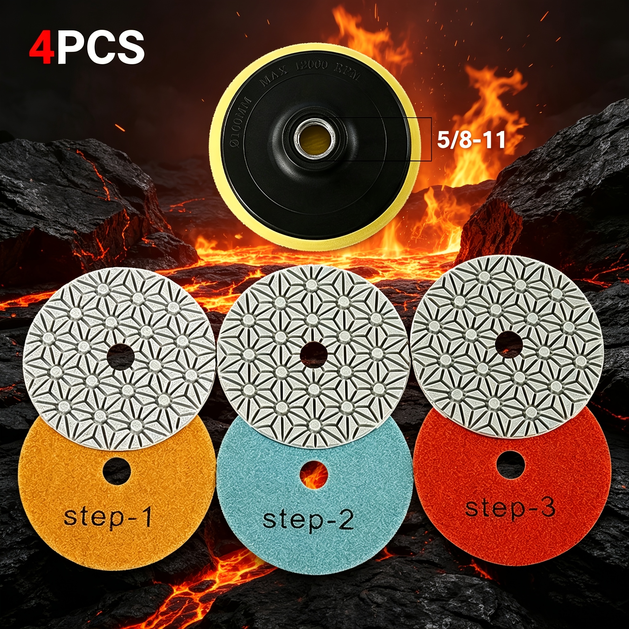 TEMU 4pcs Diamond Polishing Pads Set, Stone Grinding Discs With 5/8"-11 Backing Pad, 4-inch Vacuum Brazed Buffing Tools For Granite Marble Tile