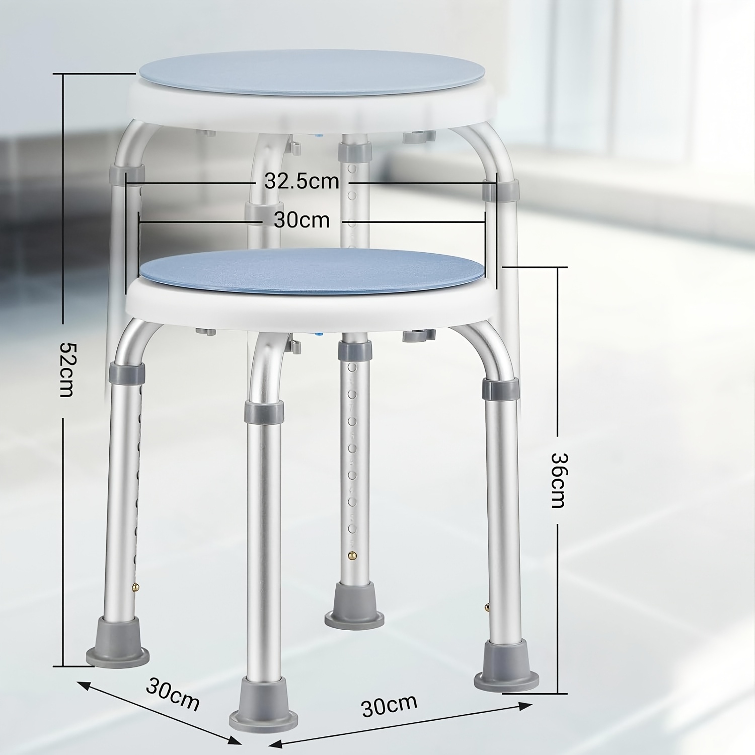 Shower Chair, Height Adjust 36-52cm, Frame, 136kg, Round Bathroom Stool With Anti-slip Feet, Rotating Shower Seat Assist, For Seniors Disabled, , For Bath/ Shower, Tub