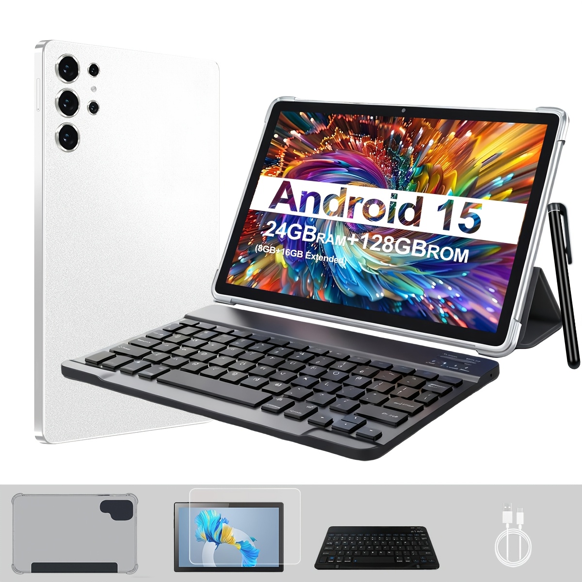 Image of 10.1 Inch 15 Tablet With Calling, 24gb(8gb+16gb Expansion) 128gb Rom, 8mp Selfie And 16mp Main Camera, 6000mah Battery, Wifi And 4g Internet, With Screen Protector, Keyboard Case, Wireless Keyboard