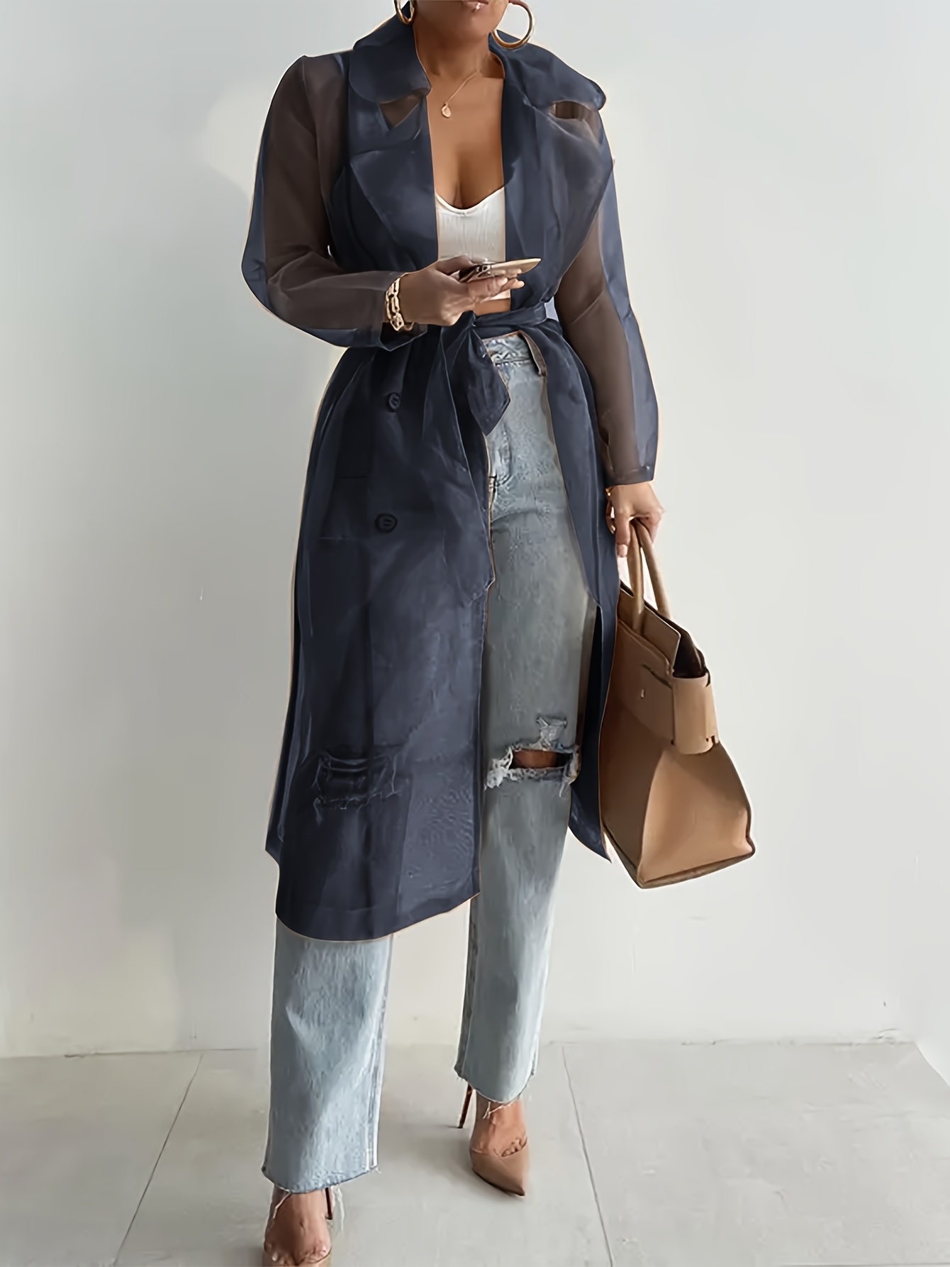 Sheer Dressy Duster Coats Women's Sheer Mesh Belted Double