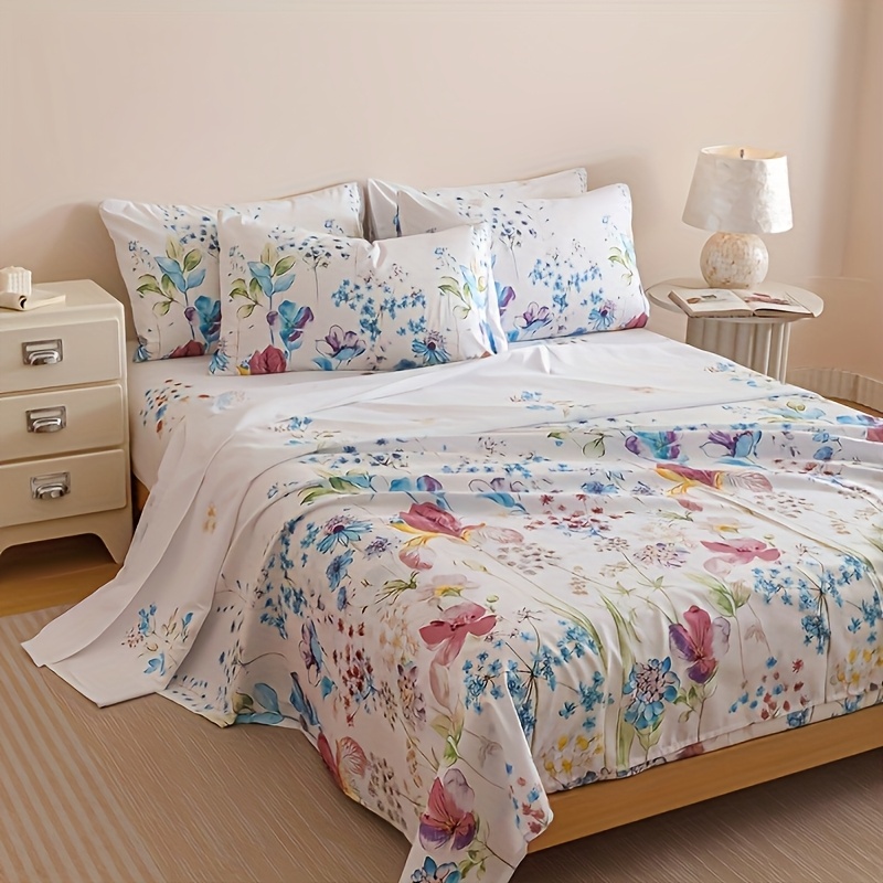 TEMU 4pcs Flowers Plant Design Four-piece Sets (1 Fitted Sheet + 1 Flat Sheet + 2 Pillowcase Without Pillow Core) Fashionable, Soft And Breathable Bedroom Dormitory Mattress Protector Suitable For All