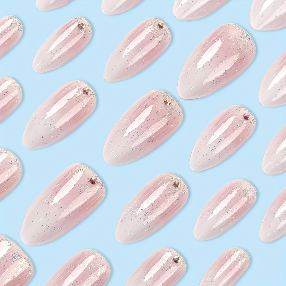E-shop 24 Stück Glänzende Lange Mandelform Press-On Nägel Verlauf Rosa Weiß Falsche Nägel mit Strass Glitzer Abnehmbare Kunstnägel